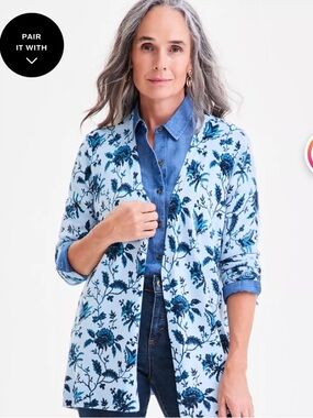Style & Co blue floral print open front cardigan rayon blend